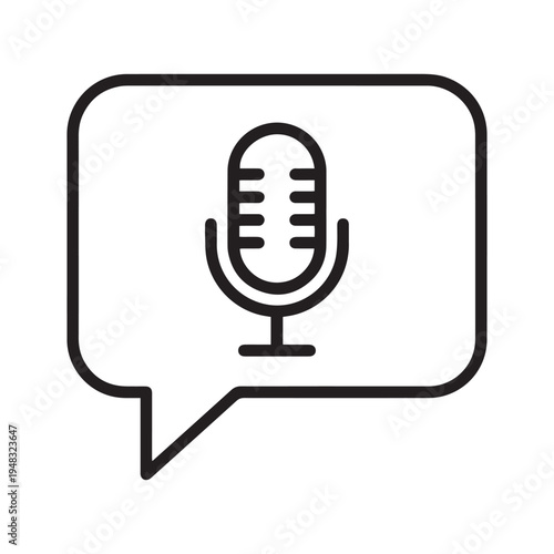 Vector illustration of a black and white line art microphone icon inside a speech bubble symbol for podcasts and vocal communication.