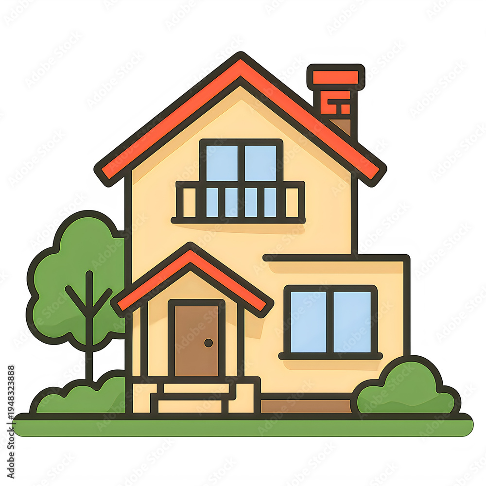 Fototapeta premium A charming two story suburban residential house with a balcony and a chimney in a flat art style