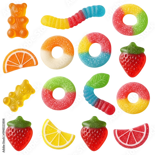 Colorful gummy candy and fruit donuts with strawberry, lemon, and bear shapes isolated on transparent background