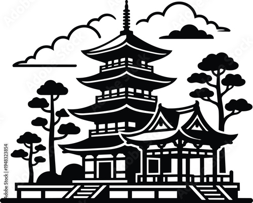 Minimalist line art pagoda temple front view with tiered roof pine trees stone stairs clouds in black silhouette composition elevated