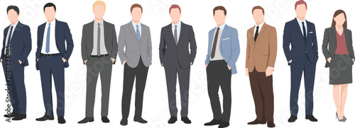 Nine professionally dressed illustrated individuals standing in a line, wearing business suits and corporate attire, symbolizing workplace diversity, formal fashion, business environment