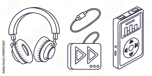 a drawing of a headphone, mp3 player and a cd Vector