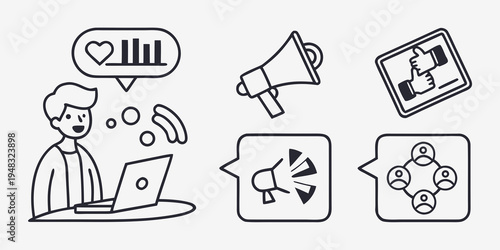 man using a laptop with various communication icons Vector