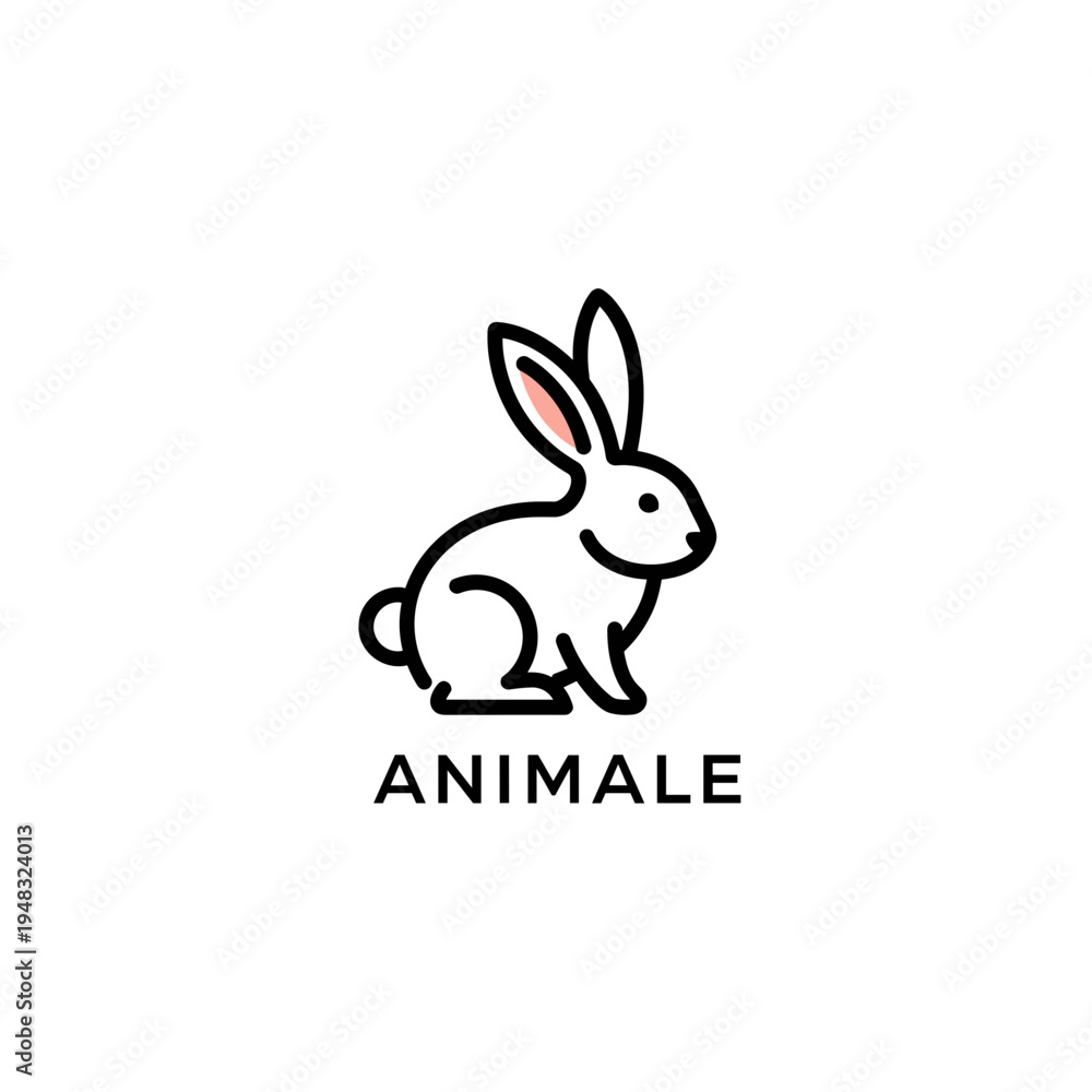 Fototapeta premium A minimalist line art logo featuring a cute white rabbit with pink inner ears and the word 