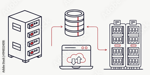 a diagram showing a computer network with a server and a laptop Vector