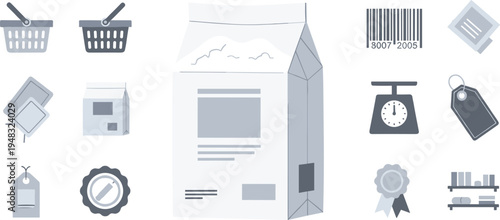 Food product packaging bag with retail barcode label tag scale and shopping icons modern vector illustration