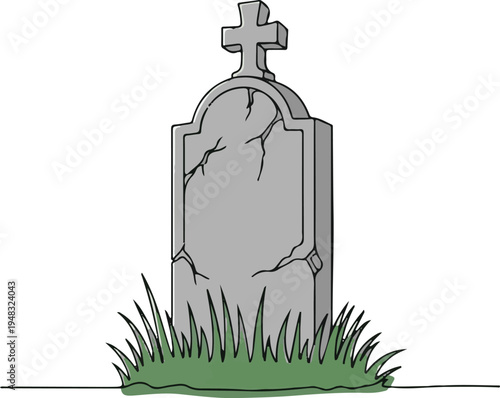 Vector illustration of a single gray tombstone with cross and grass