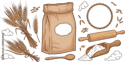 Wheat flour baking ingredients with grain bag rolling pin spoon and bakery elements hand drawn vector illustration
