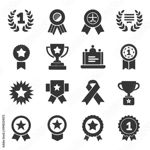 Black and white vector icons of awards and achievements