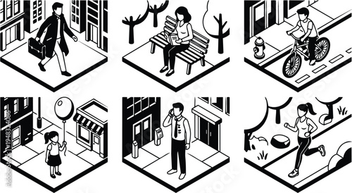 Isometric vector city vignette set showing six urban isometric scenes with people walking cycling reading jogging and talking on phone