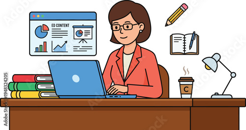 Flat Vector Professional Educator Working Portable Computer Textbooks Preparing Lesson Study Materials Illustration White 