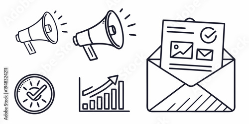 a group of business icons including megaphones and an envelope Vector