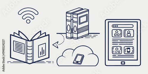 a line drawing of e learning on a variety of devices Vector