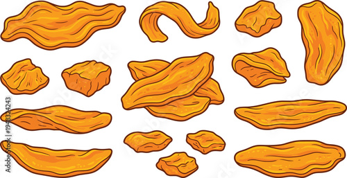 Dried Mango Slice Collection with Sweet Tropical Fruit Chips Healthy Organic Snack Food Vector Illustration Set