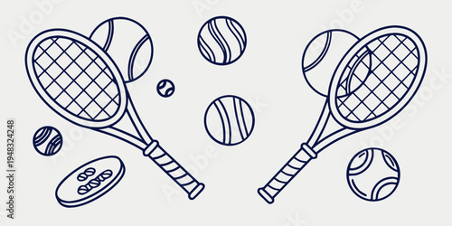 two tennis rackets and several tennis balls Vector