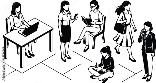 Isometric line art office scene with women working on laptop reading taking notes walking drinking coffee in black and white
