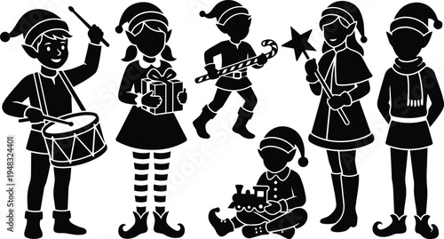 Silhouette vector set of playful christmas elves with drum gift candy cane wand and toy train in row black icons