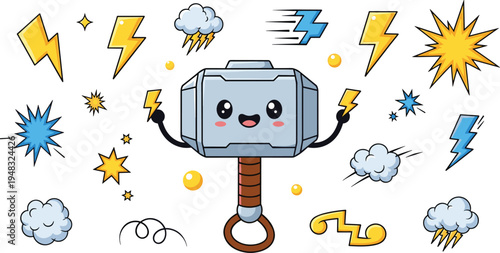 Cute cartoon Thor hammer character with lightning clouds stars and electric energy playful fantasy vector illustration