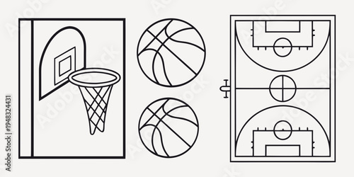 a basketball hoop with basketballs and a court diagram Vector