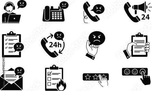 Angry customer support icon set with negative feedback complaints problem solving agent with headset twenty four hour service and rating symbols
