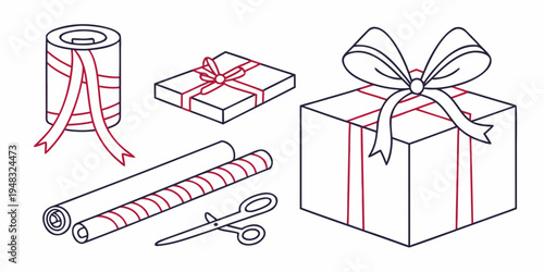 a gift box with a ribbon and other wrapping supplies Vector