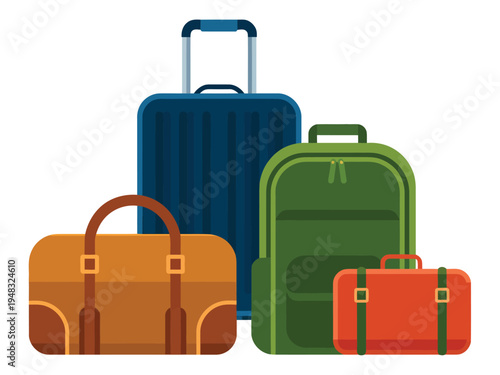 Collection of four assorted luggage bags displays various shapes for different.