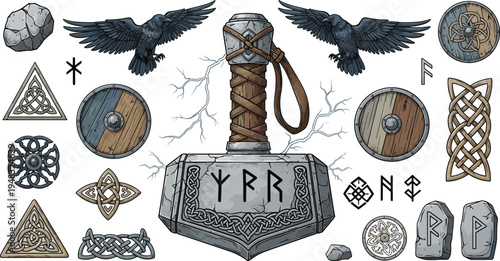 Viking Thor hammer with runes ravens shields and Nordic symbols ancient mythology warrior vector illustration