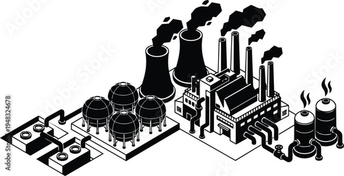 Isometric vector industrial plant aerial view smoking cooling towers factory complex with pipes storage tanks black white stark lighting