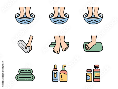 Foot care icons illustrate steps for soaking, drying, and applying specialized.