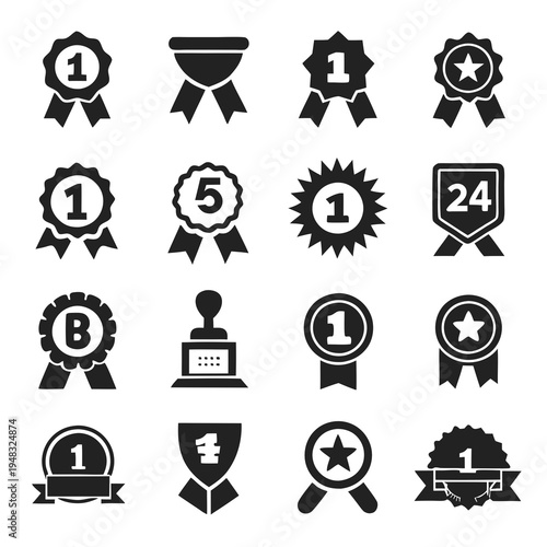 Assortment of black vector achievement icons on a white backdrop