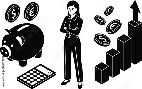 Isometric vector businesswoman standing with piggy bank and falling coins calculator and rising bar chart financial growth concept confident monochrome