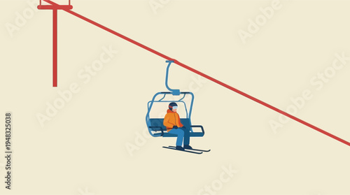 Person Riding Ski Lift Alone On Snowy Day For Winter Sports Concepts