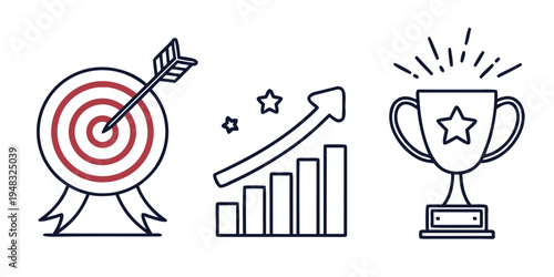 business success icons with target, growth chart, and trophy Vector