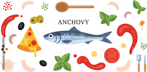 Anchovy fish with pizza ingredients basil olives tomato sausage and cooking utensils Mediterranean food vector illustration