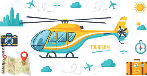 Tourism travel helicopter with city skyline map camera airplane route sun clouds and vacation elements vector illustration