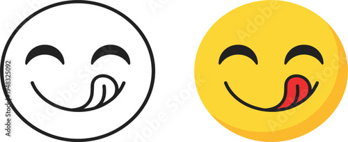 Smiling Face Licking Lips Emoji Icon Set with Outline and Colored Version Vector Illustration for Delicious Food Reaction and Emoticon Design