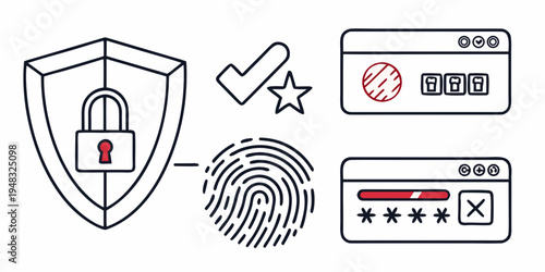 a shield with a padlock and a fingerprint with a star and a browser login form Vector