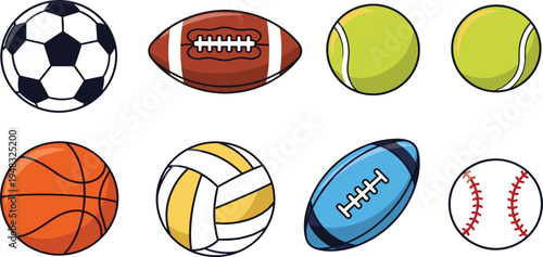 Sports Ball Icon Set with Soccer Ball, Basketball, Baseball, Tennis Ball, Volleyball and American Football Equipment for Sports Games and Fitness Design