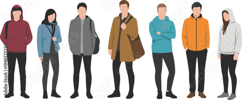 Illustration of diverse young adults in casual winter and fall clothing, standing side by side, showcasing jackets, hoodies,