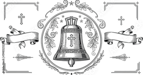 Vintage engraved church bell emblem with ornate frame crosses banners and decorative religious heraldic vector illustration
