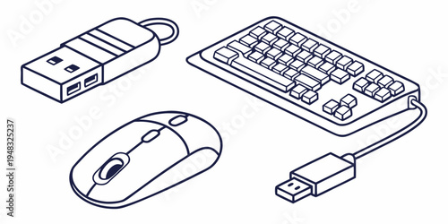computer keyboard mouse and usb flash drive Vector