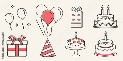 a set of birthday icons including balloons and cake Vector