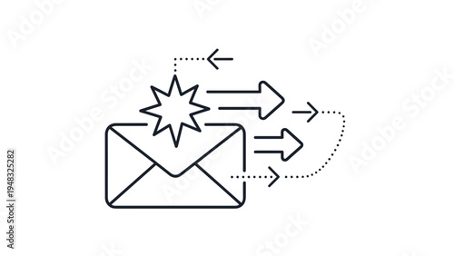 Email marketing concept showing an envelope with a star and multiple arrows pointing towards a successful delivery in inbox.