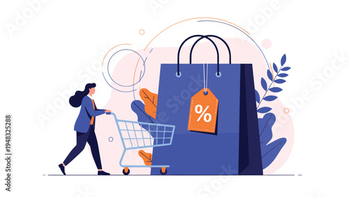 Online shopping discount concept featuring a woman with a cart next to a giant blue shopping bag with a percentage tag symbol.