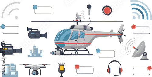 Helicopter aerial surveillance and media broadcasting technology with drone camera satellite communication equipment vector illustration