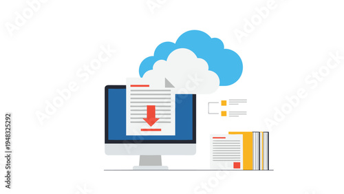 Cloud computing and data storage concept with document downloading from blue clouds to desktop computer monitor in the office.