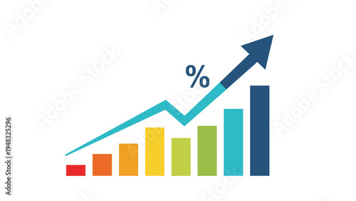 Business growth and financial success visualization with colorful bar chart and upward trending blue arrow on white background.