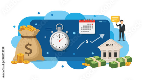 Time is money concept showing stopwatch bag of coins calendar bank and a businessman with a speech bubble for financial advice.
