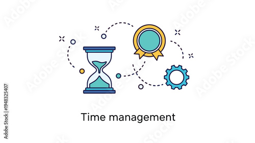 Time management and productivity concept with an hourglass, trophy, and gear icons for business efficiency and rewards.