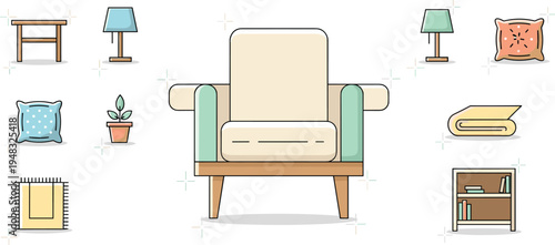 Modern living room furniture set with armchair lamp pillows bookshelf plant and decorative home interior elements vector illustration